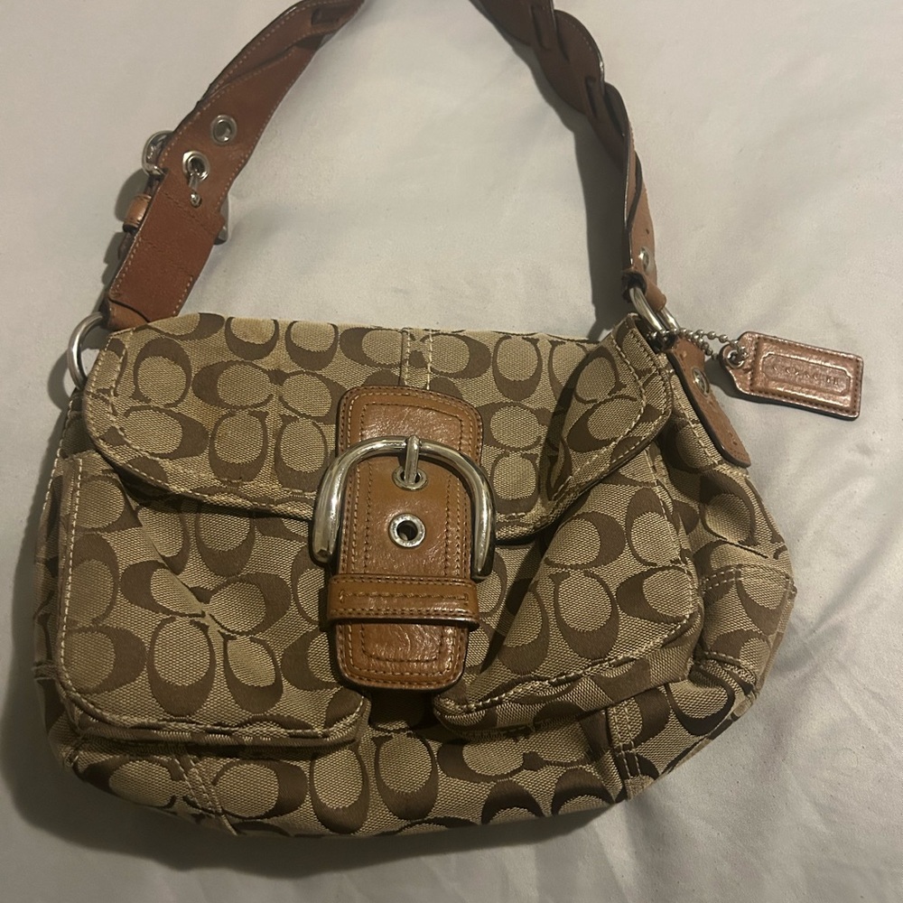 Coach Tan and Brown Signature Shoulder Bag